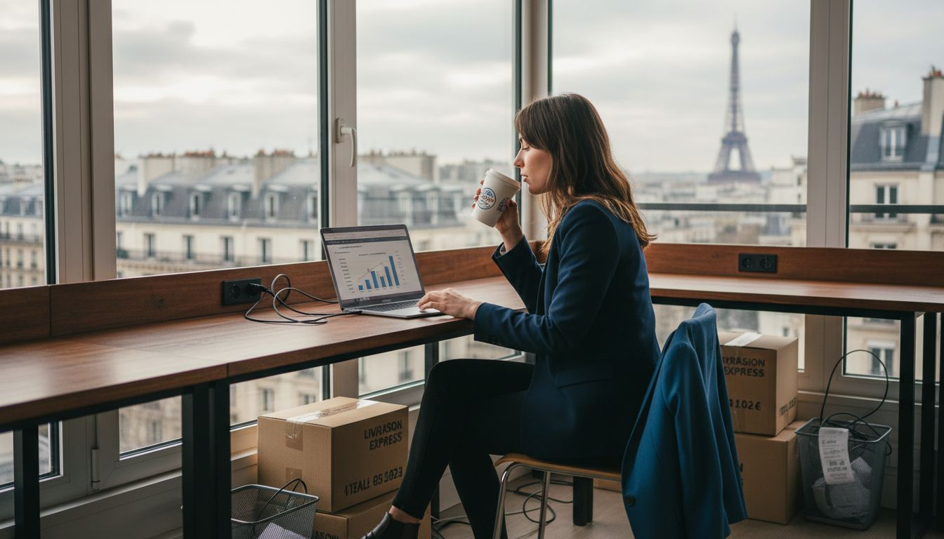 Dans son bureau en ville, un entrepreneur analyse les chiffres de son activité sur Shopify.