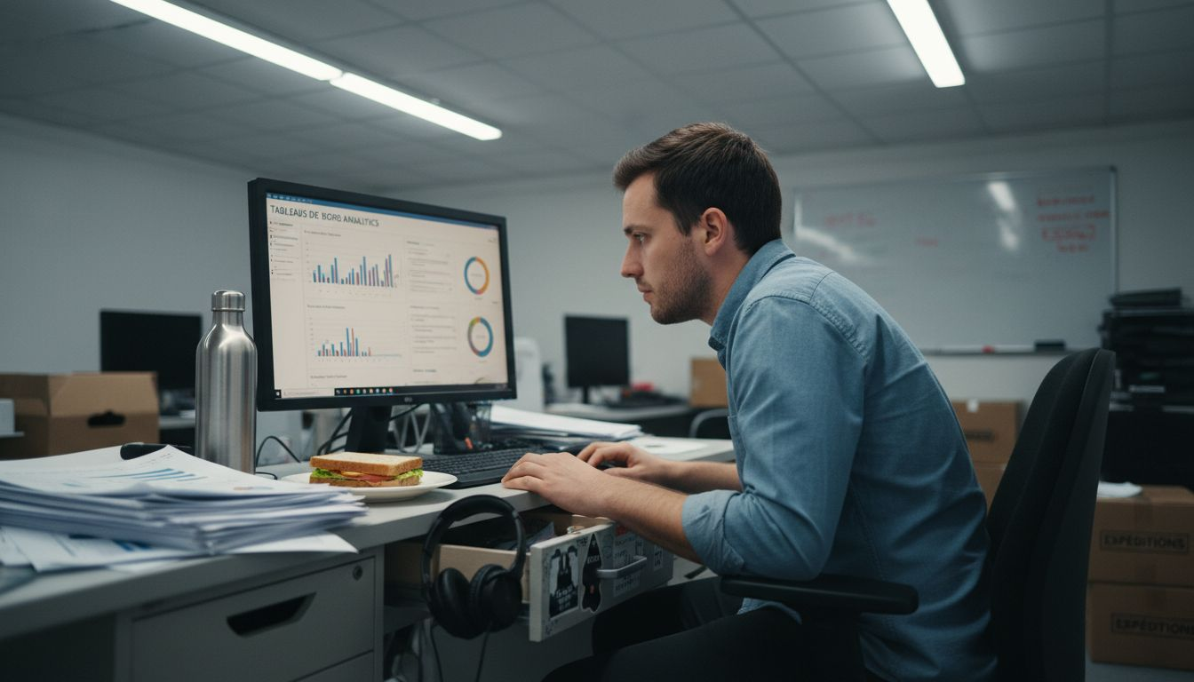 Un responsable marketing plongé dans l’analyse de données, entouré de piles de dossiers et de documents éparpillés sur son bureau.