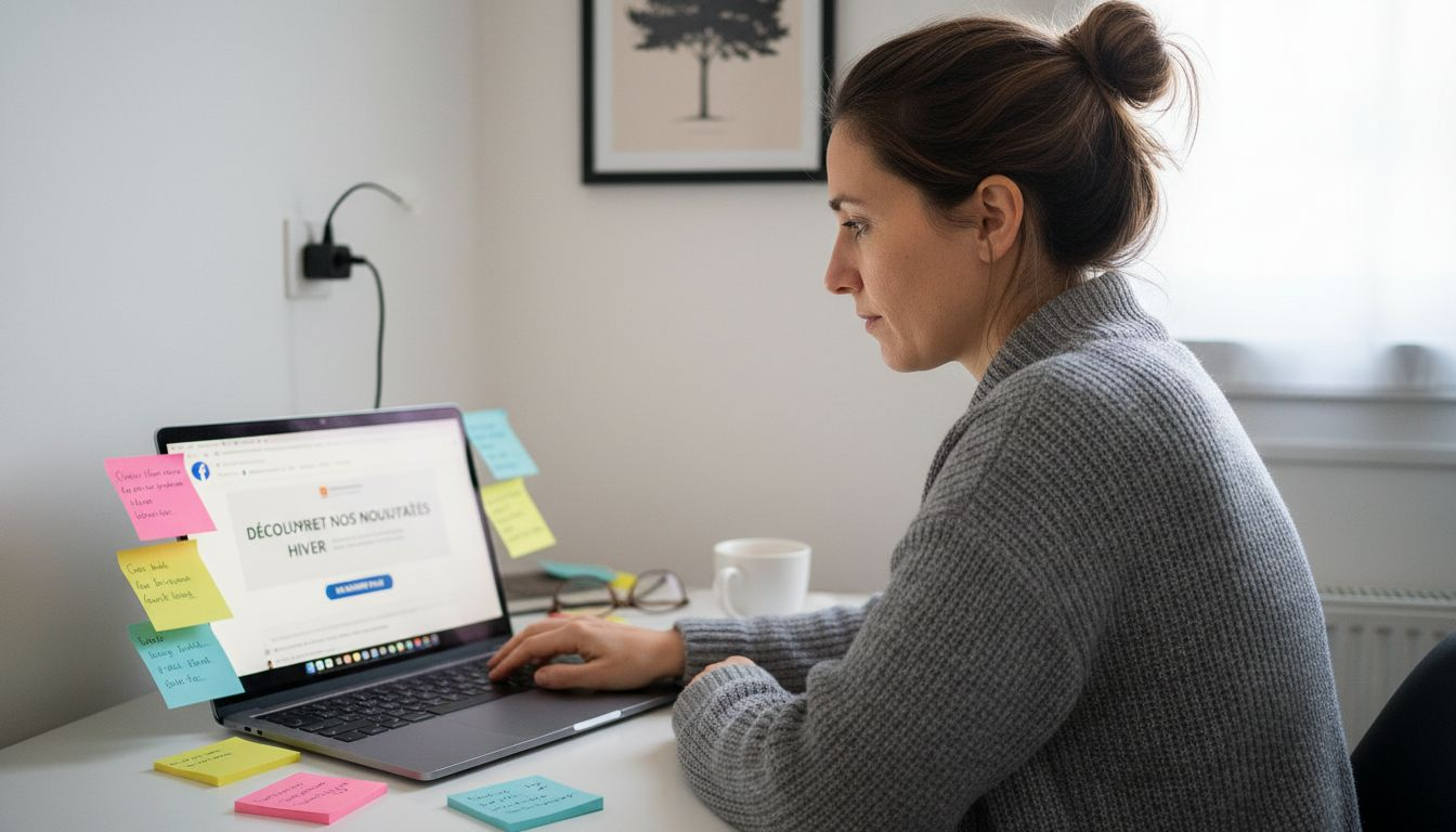 Une femme crée une campagne publicitaire sur Facebook depuis son ordinateur.