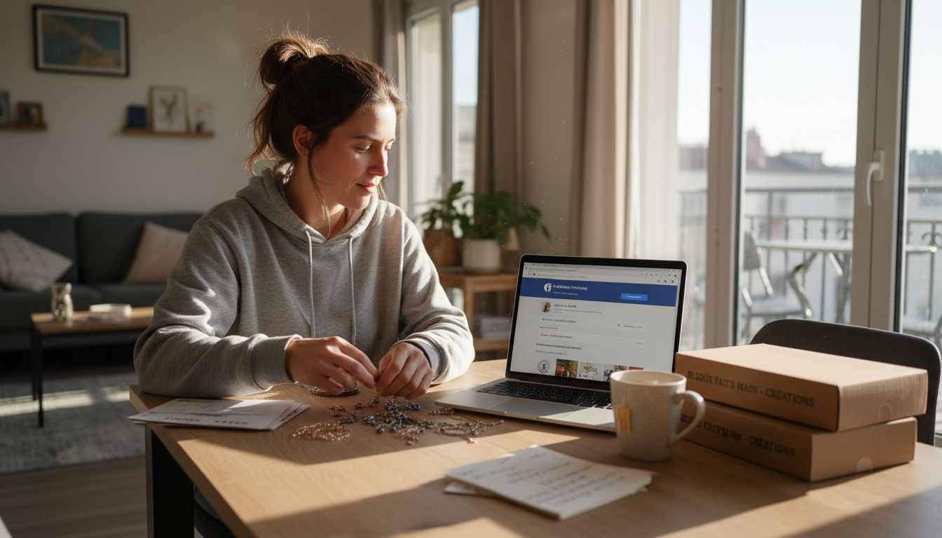 Jeune femme dynamique jonglant entre son ordinateur et la gestion de ses commandes de bijoux.