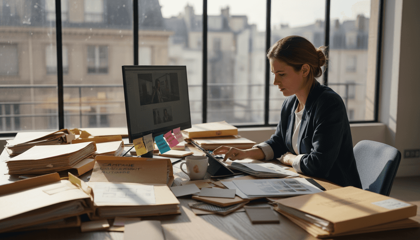 Un responsable passe en revue les supports publicitaires destinés à la boutique en ligne.