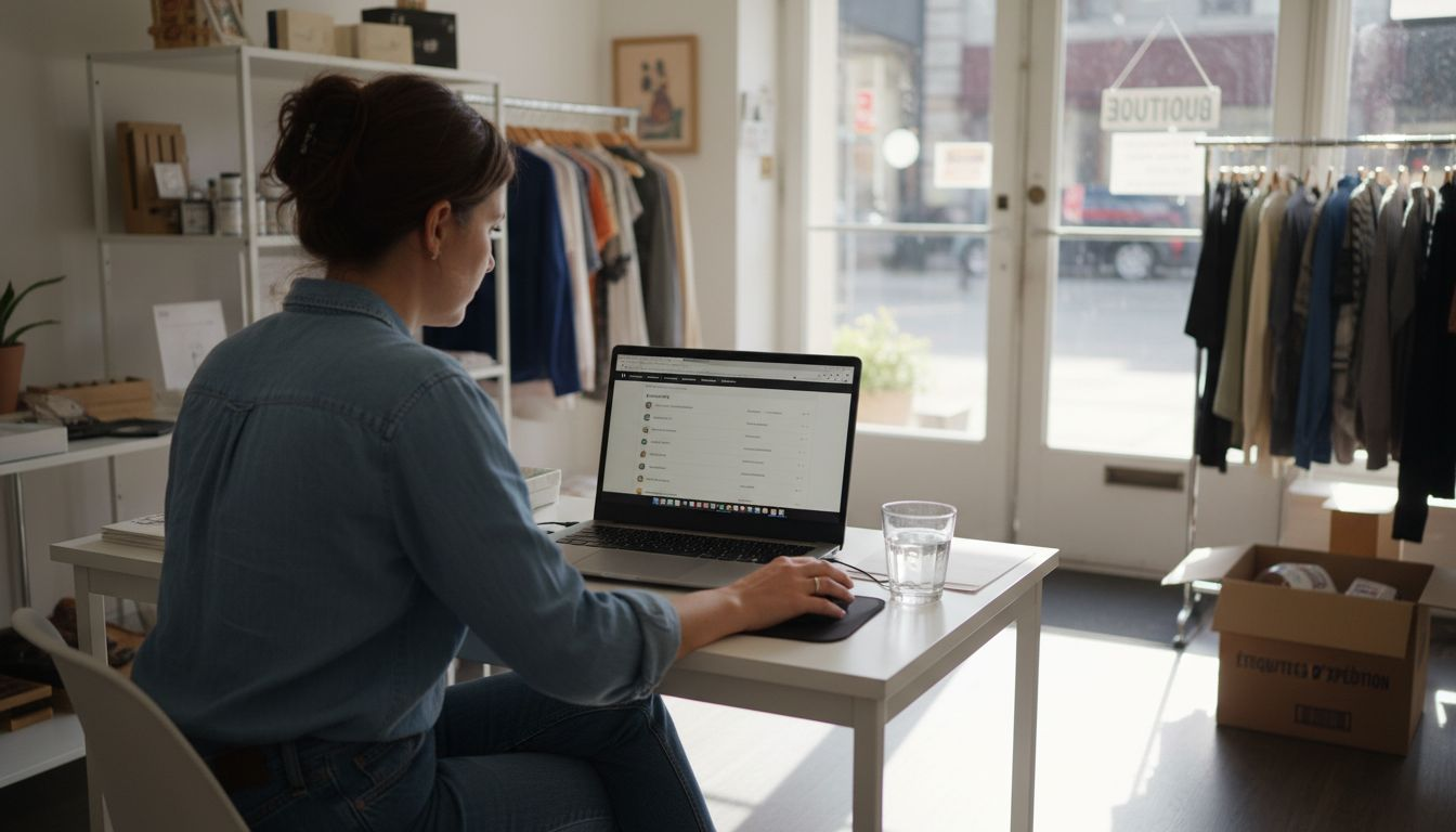 Un entrepreneur Shopify gère son site web depuis un bureau situé au rez-de-chaussée, en plein cœur de la ville.