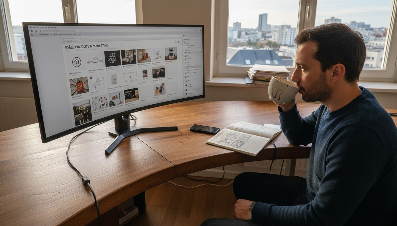 E-commerçant en pleine session de travail sur Pinterest, installé dans un bureau baigné de lumière naturelle.