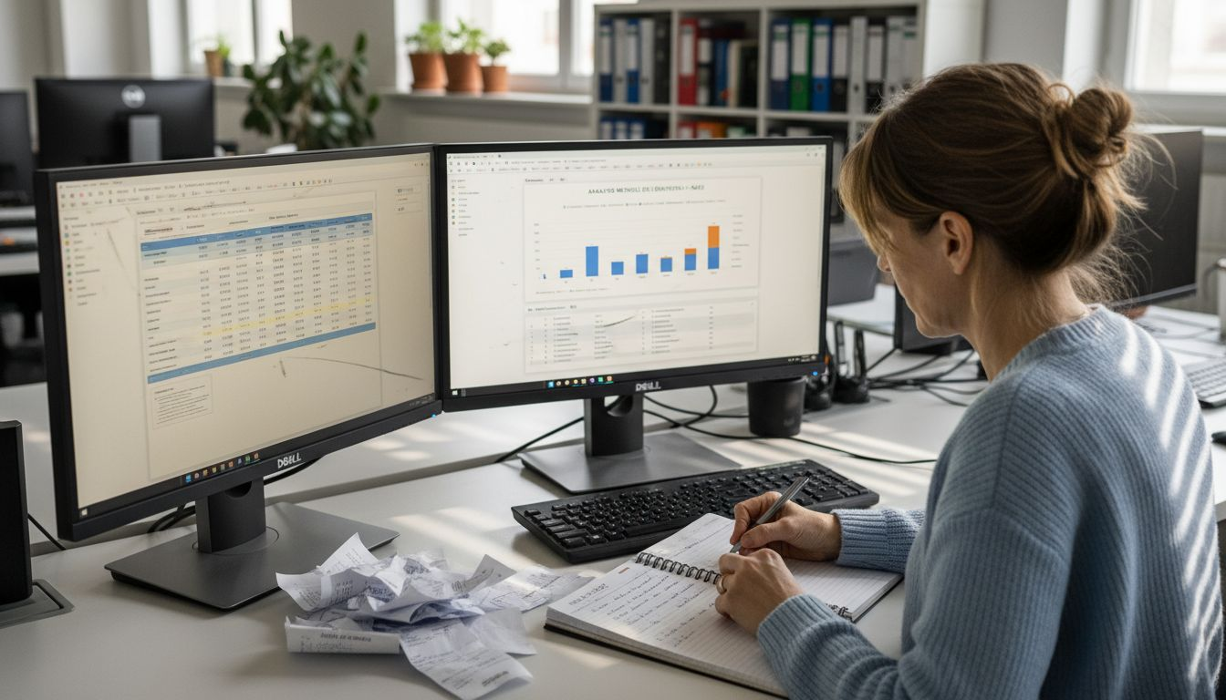 Une femme en pleine analyse de données, concentrée devant deux écrans d’ordinateur.
