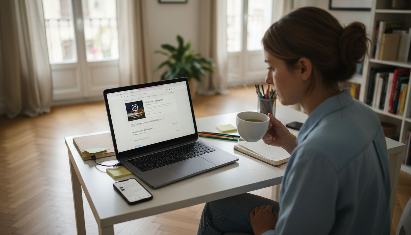 Une entrepreneure lance une nouvelle campagne publicitaire sur Instagram depuis son bureau.