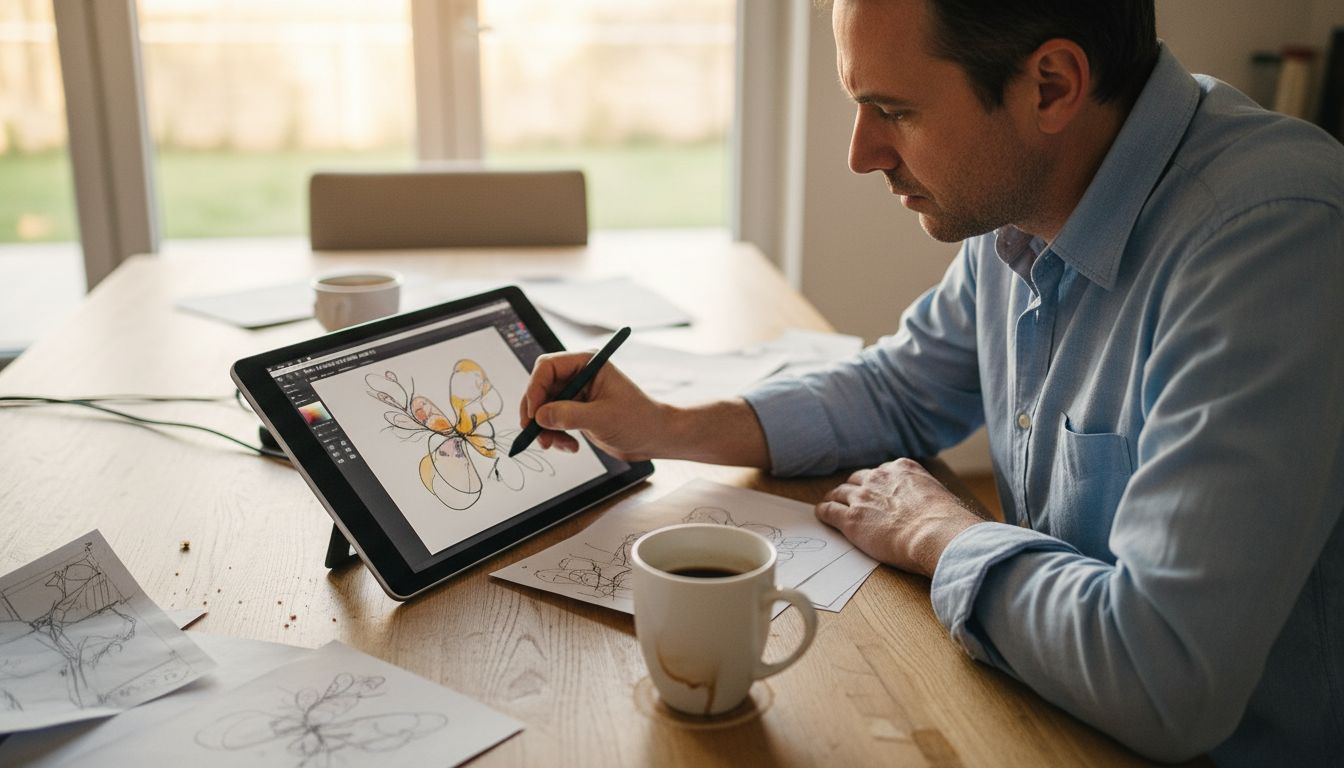 Un homme en pleine création d’une affiche publicitaire, installé à sa table de travail.