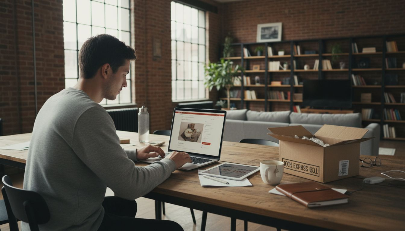 Chef d’entreprise e-commerce en pleine gestion de sa boutique sur Pinterest, installé à son bureau.