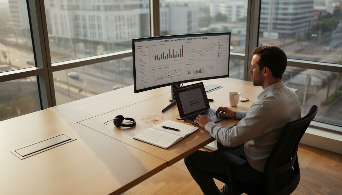 Un homme en train de gérer ses campagnes Shopify depuis son bureau.