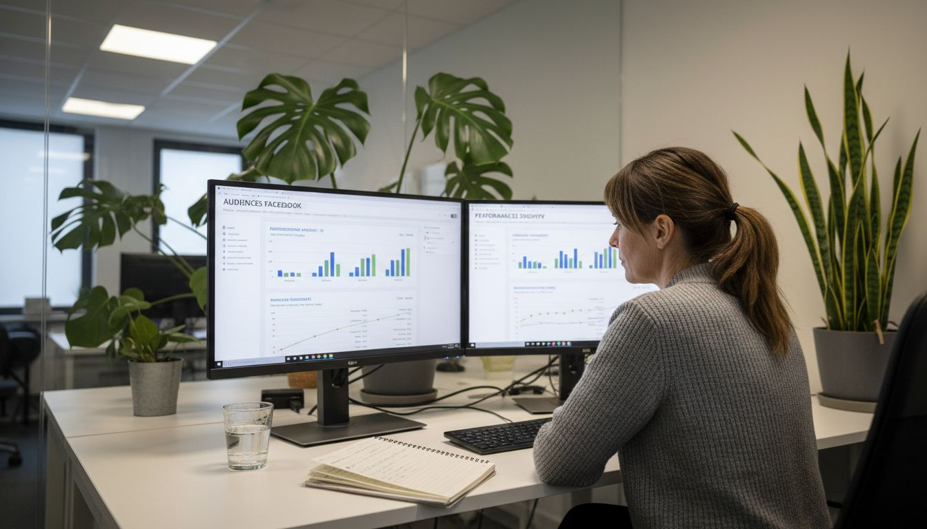 Une professionnelle examine les paramètres de ciblage Facebook sur deux écrans.