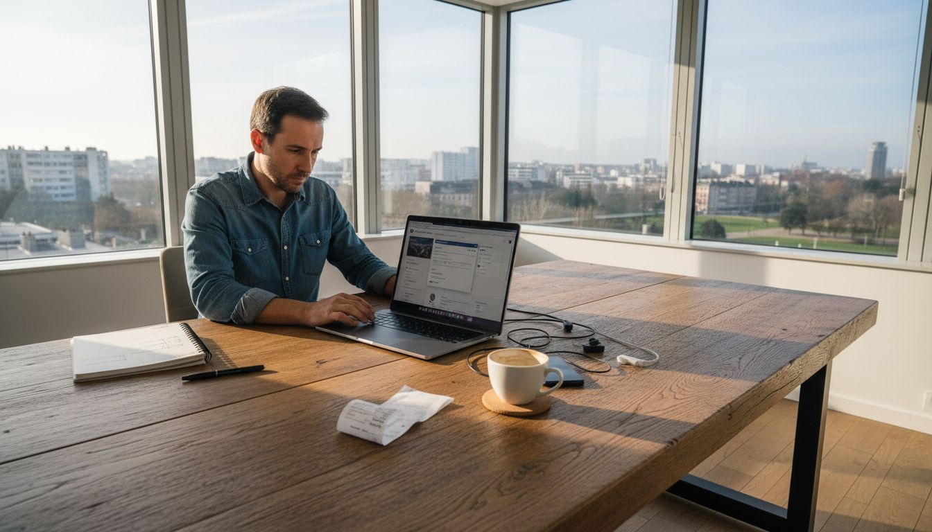 Un homme supervise ses campagnes Facebook Ads dans un bureau baigné de lumière naturelle.