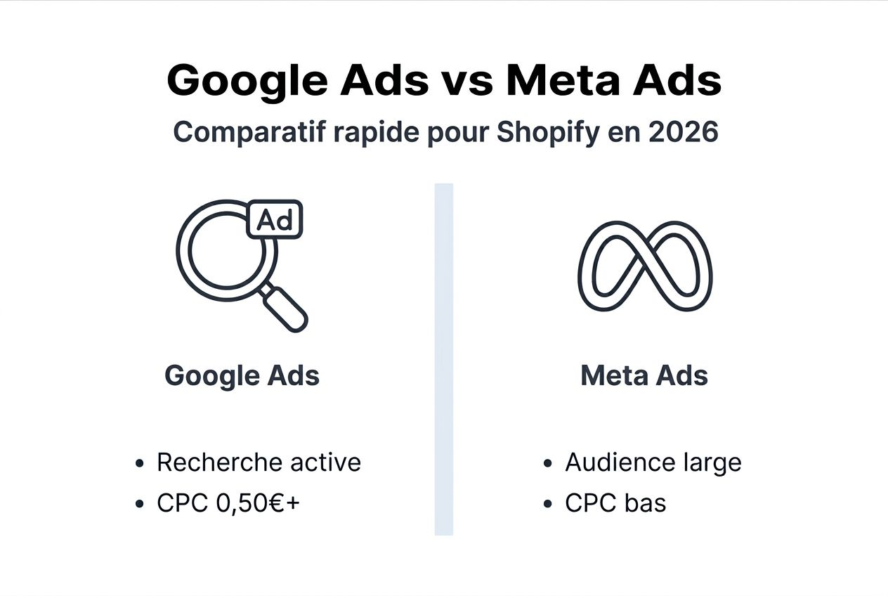Comparatif visuel des performances Google Ads et Meta Ads pour boutiques Shopify