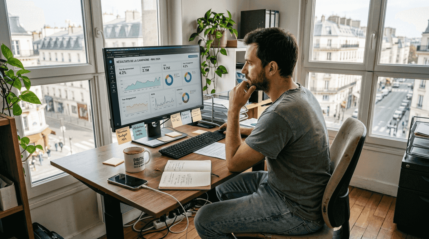 Responsable marketing digital en pleine analyse du parcours d’une campagne Shopify