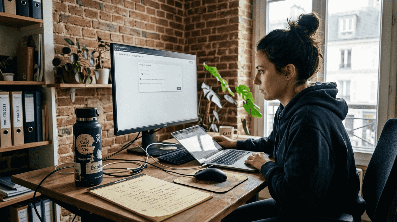 Une femme ajuste les paramètres techniques de sa campagne sur Shopify.