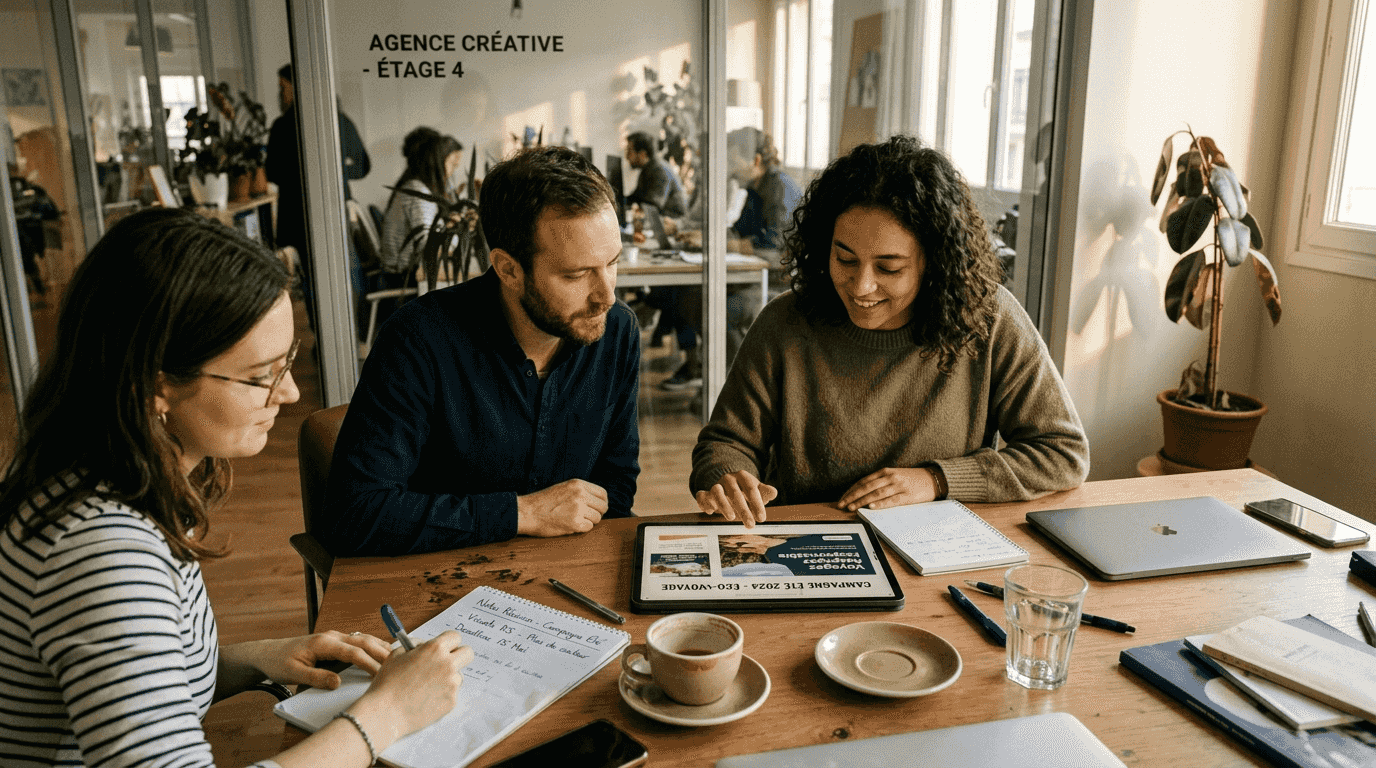 L’équipe marketing se réunit pour valider ensemble les visuels de la prochaine campagne.