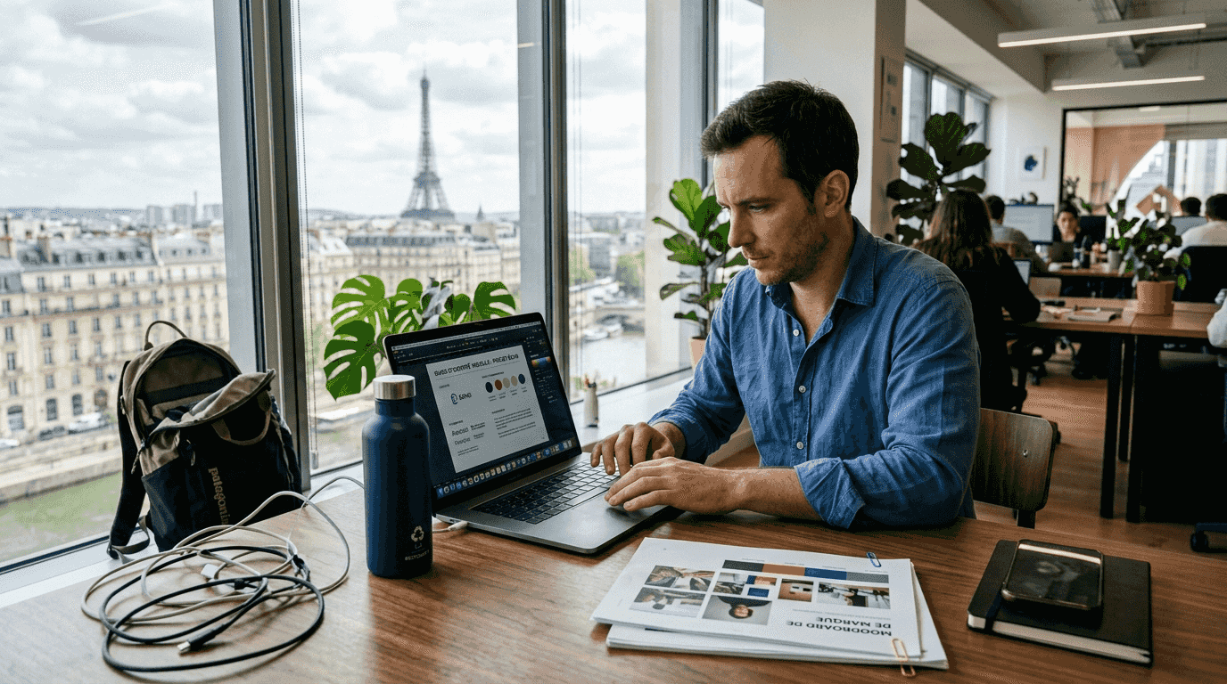 Un entrepreneur peaufine l’image de sa marque dans son espace de travail baigné de lumière.