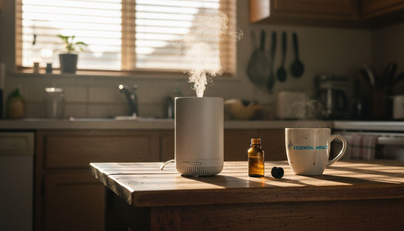 Difuzor ultrasonic pentru aromaterapie, așezat pe masă, emanând aburi delicat