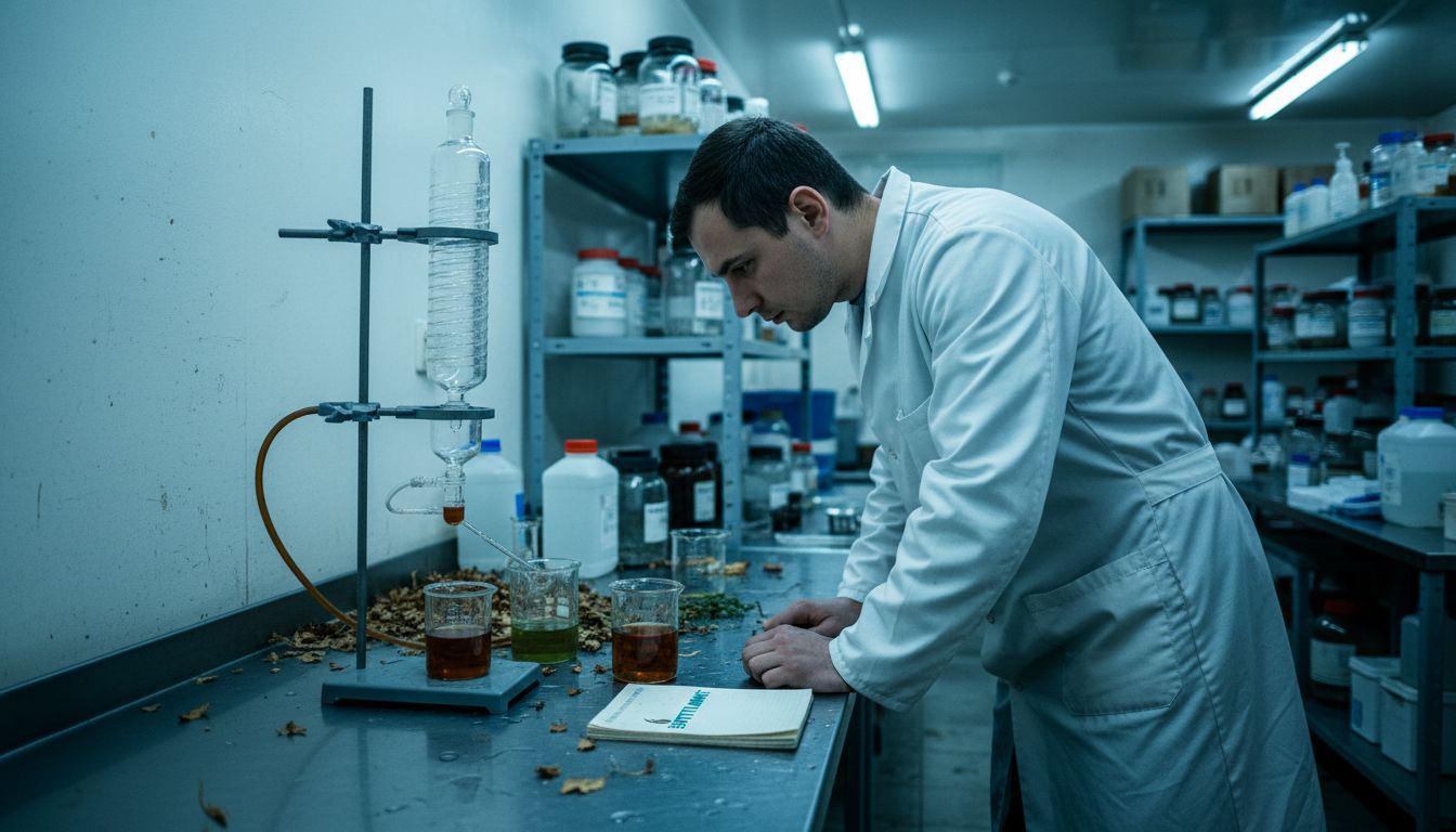 Tehnicianul monitorizează atent procesul de distilare a uleiurilor pentru a se asigura că totul decurge corect.