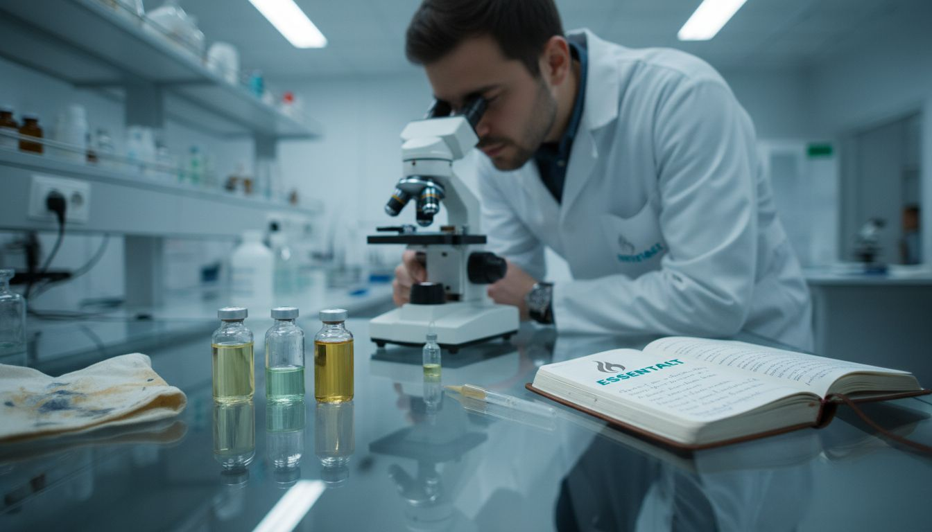 Un specialist examinează la microscop proprietățile unui ulei esențial.