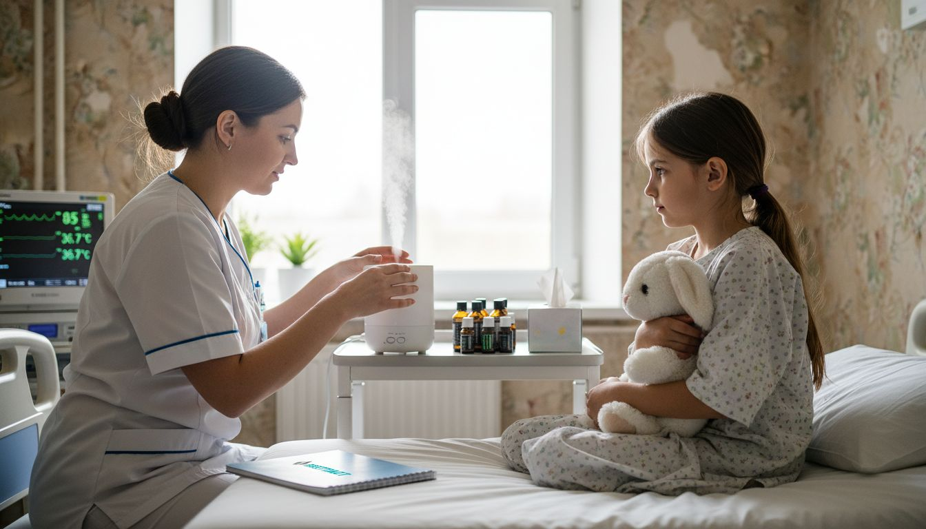 O asistentă medicală pregătește o sesiune de aromaterapie pentru a liniști un copil anxios.