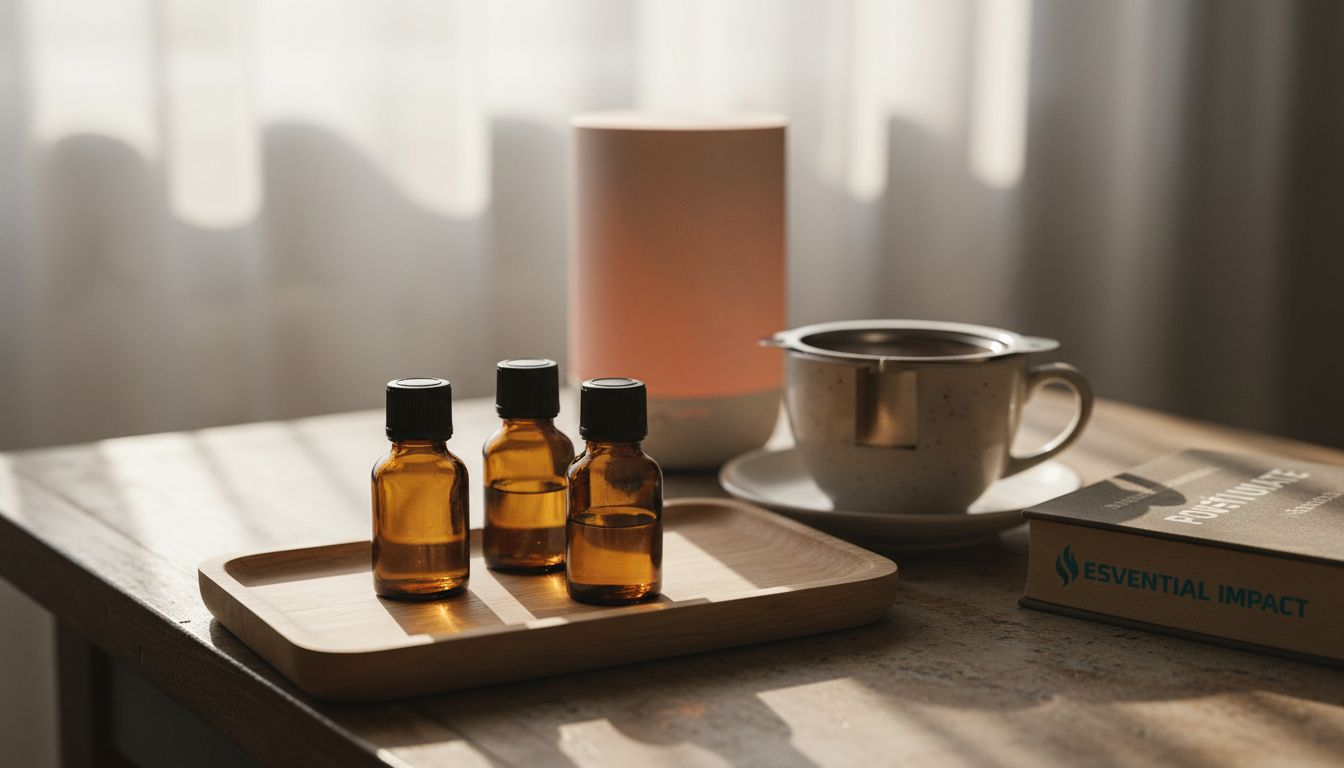 Trei sticluțe de ulei esențial doTERRA așezate pe o tavă din lemn
