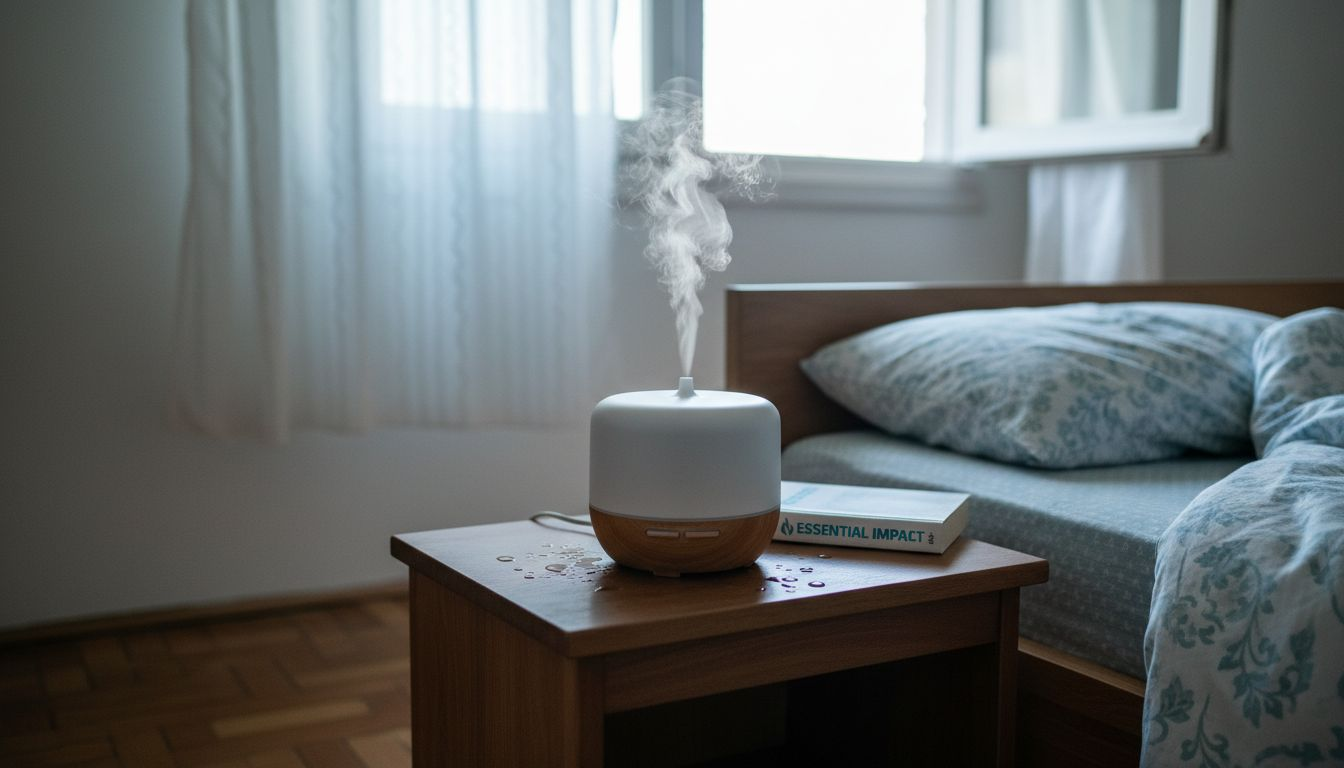 Un difuzor de aromaterapie așezat pe noptieră aduce o atmosferă relaxantă și liniștită în dormitor.