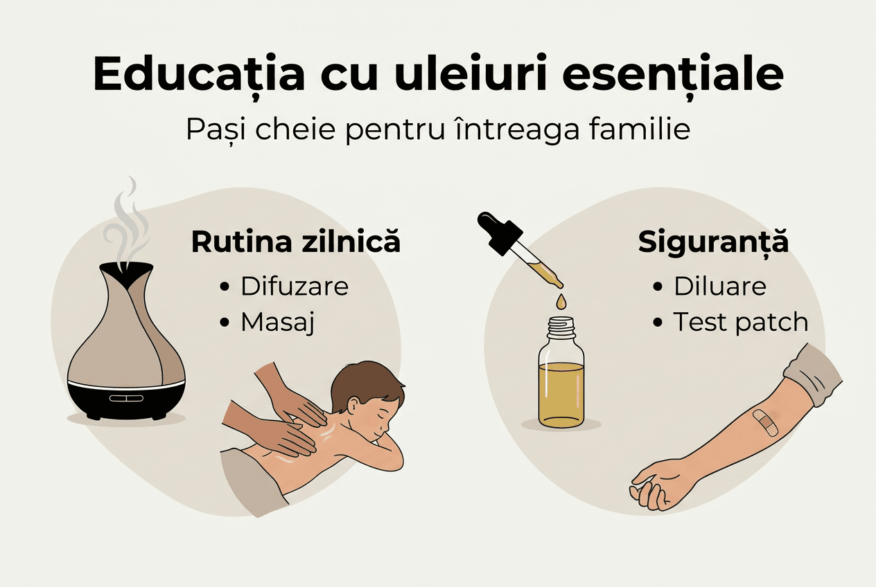 Infografic: pașii esențiali pentru a-ți educa familia despre utilizarea corectă a uleiurilor