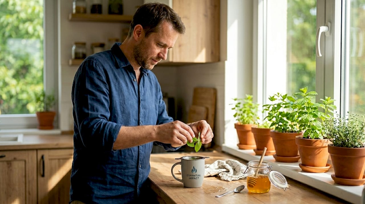 Un bărbat pregătește o infuzie de roiniță, bucurându-se de aroma liniștitoare a plantei.