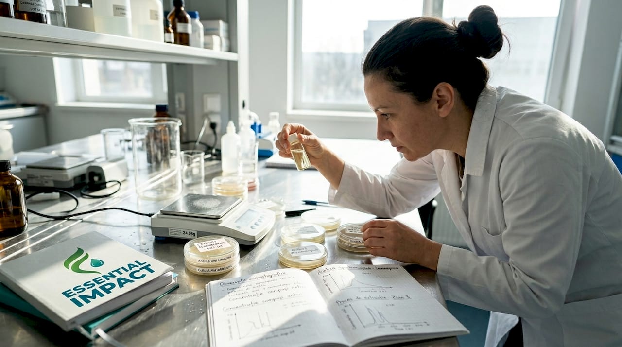 Un specialist analizează uleiuri esențiale într-un laborator luminat natural, profitând de lumina zilei pentru rezultate cât mai precise.