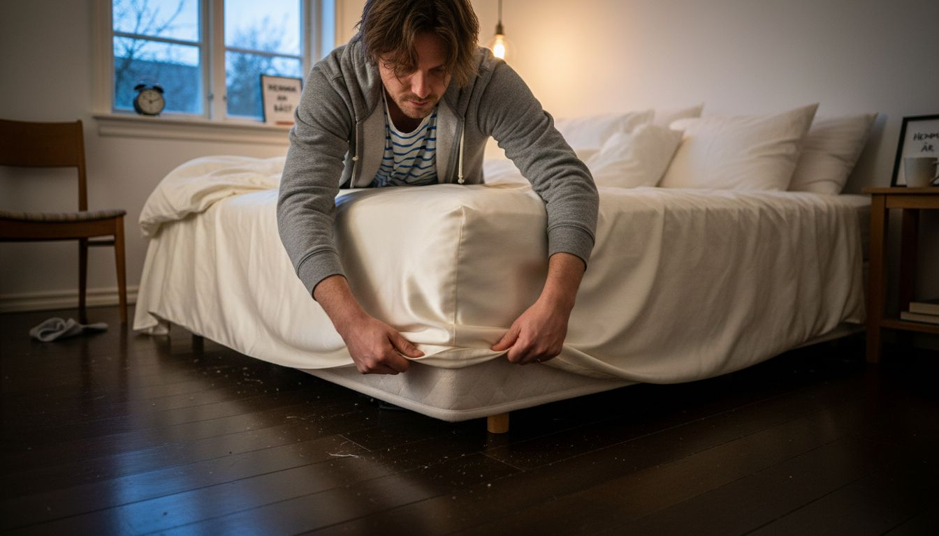 En man lägger försiktigt ett silkestäcke över hörnet på sängen.