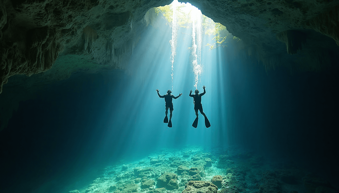 Divers exploring light-filled Mexican cenote cave