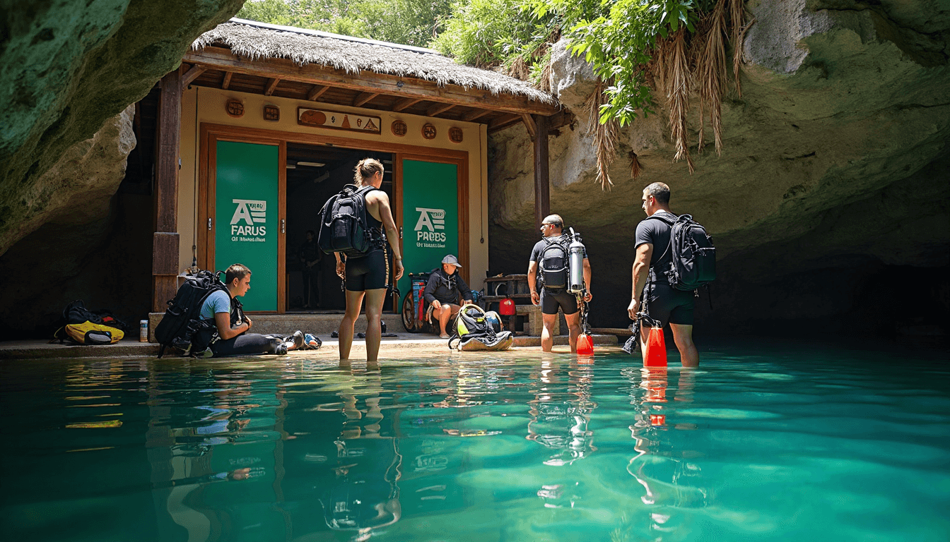 Divers preparing at cenote with advanced open water banner