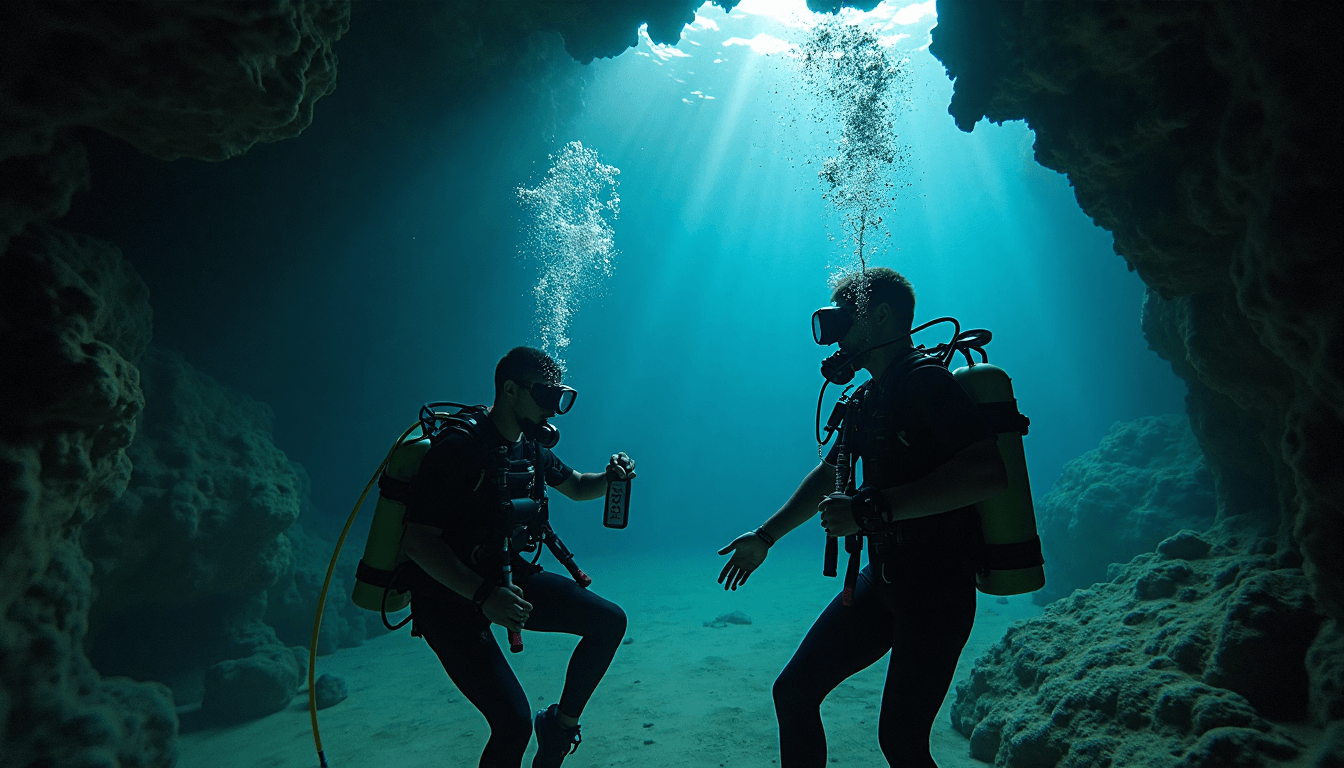 Divers using technical equipment in underwater cavern