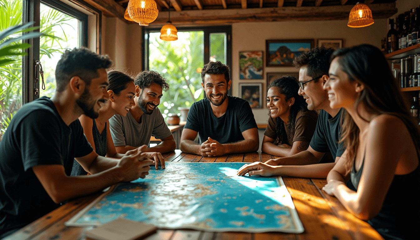 Group of scuba divers planning at dive shop table