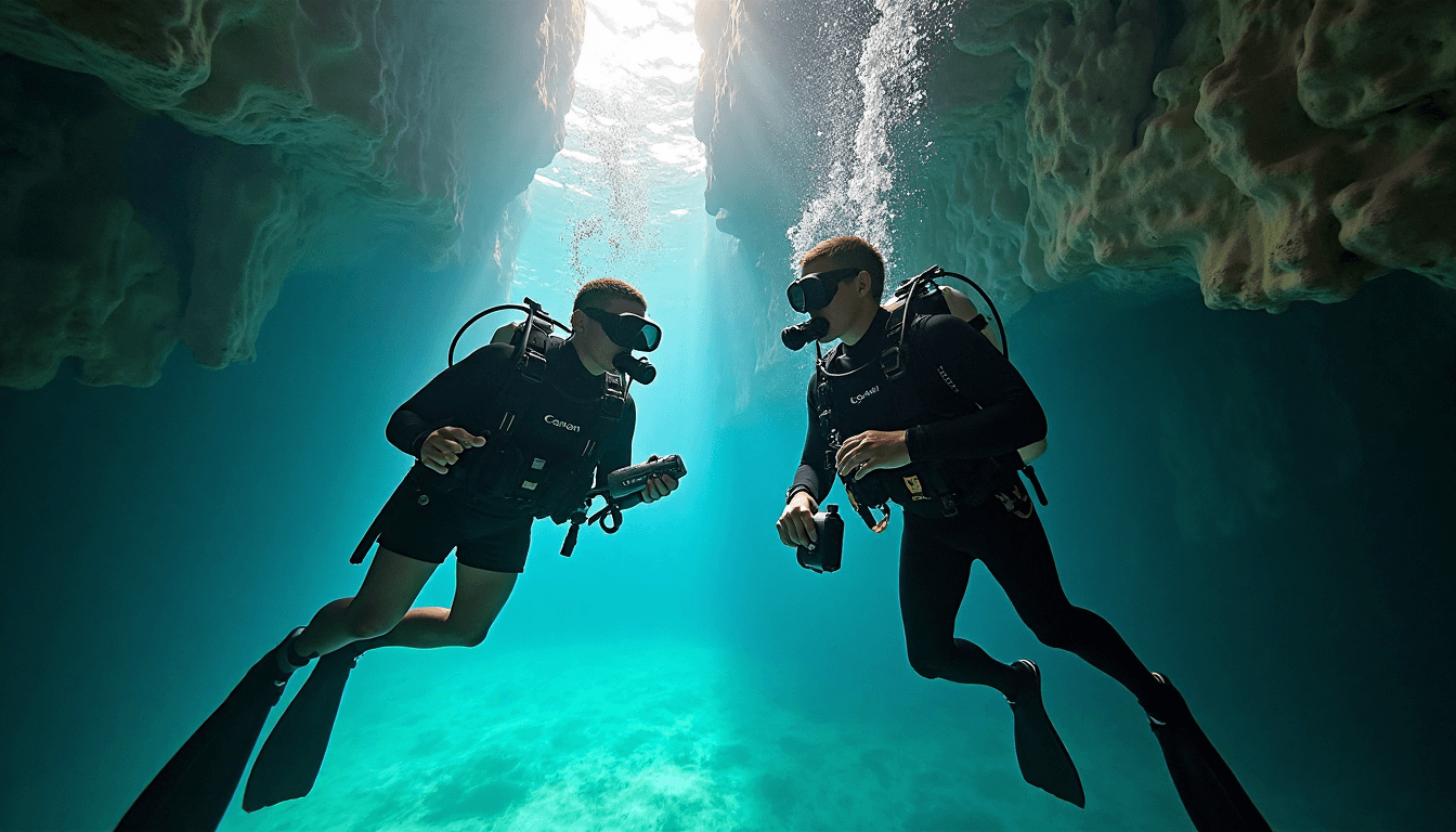 Cave divers examining gear in sunlit cenote