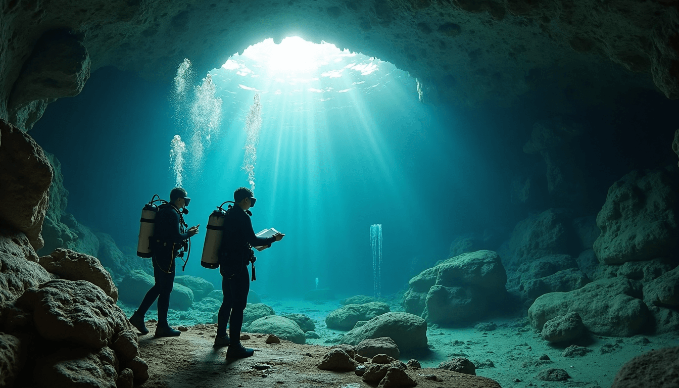 Divers explore illuminated cenote caves with 'Underground Wonders' on a marker