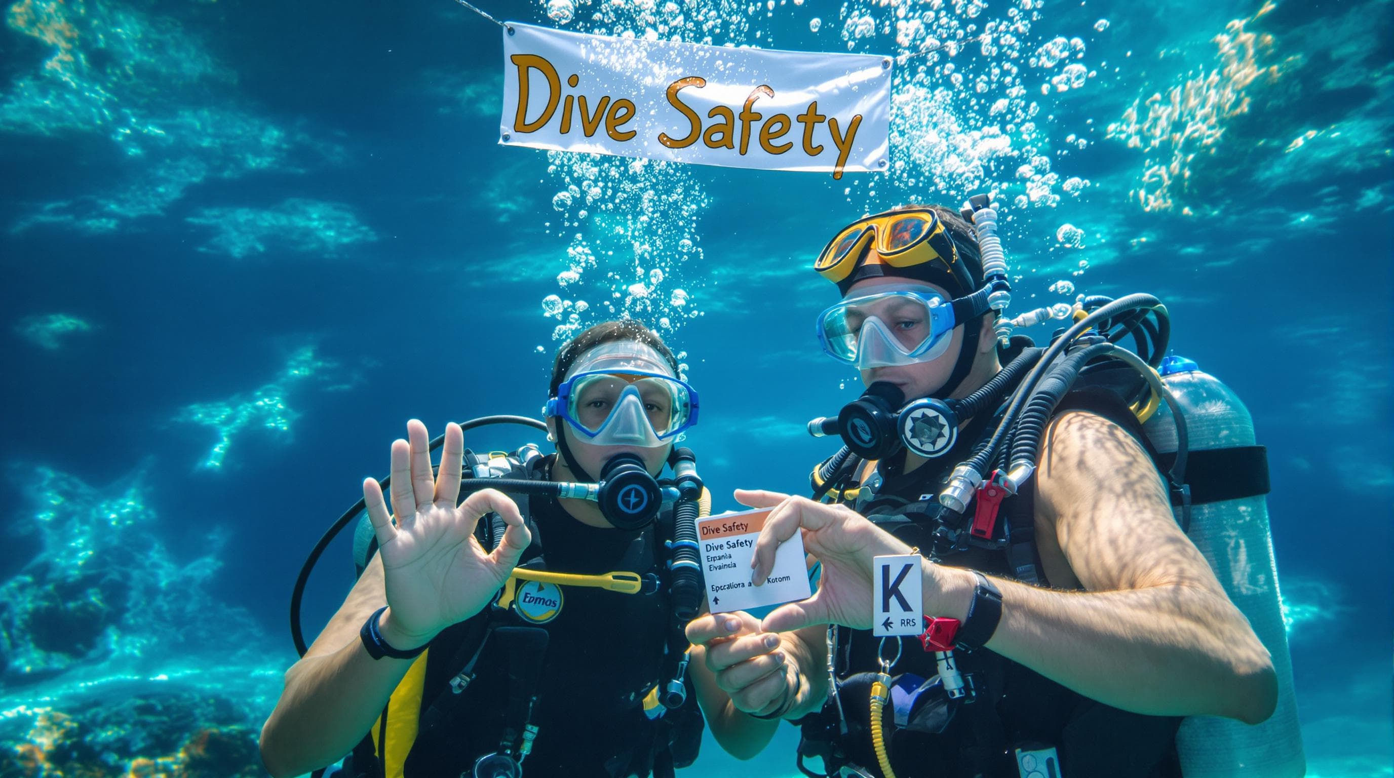 Divers using Spanish phrases for underwater safety in cenote