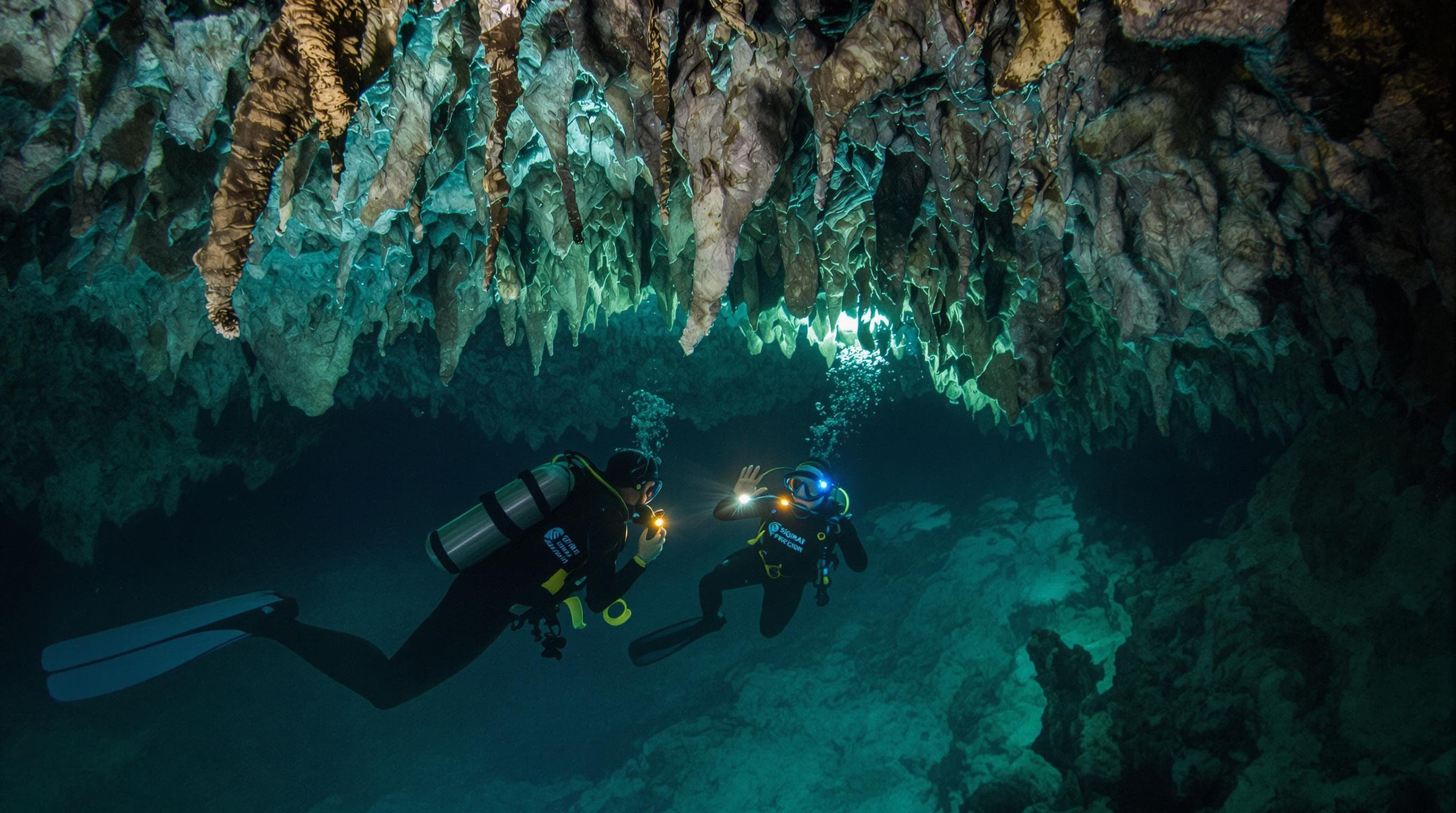 Divers in cenote cave, using signals near guideline marker