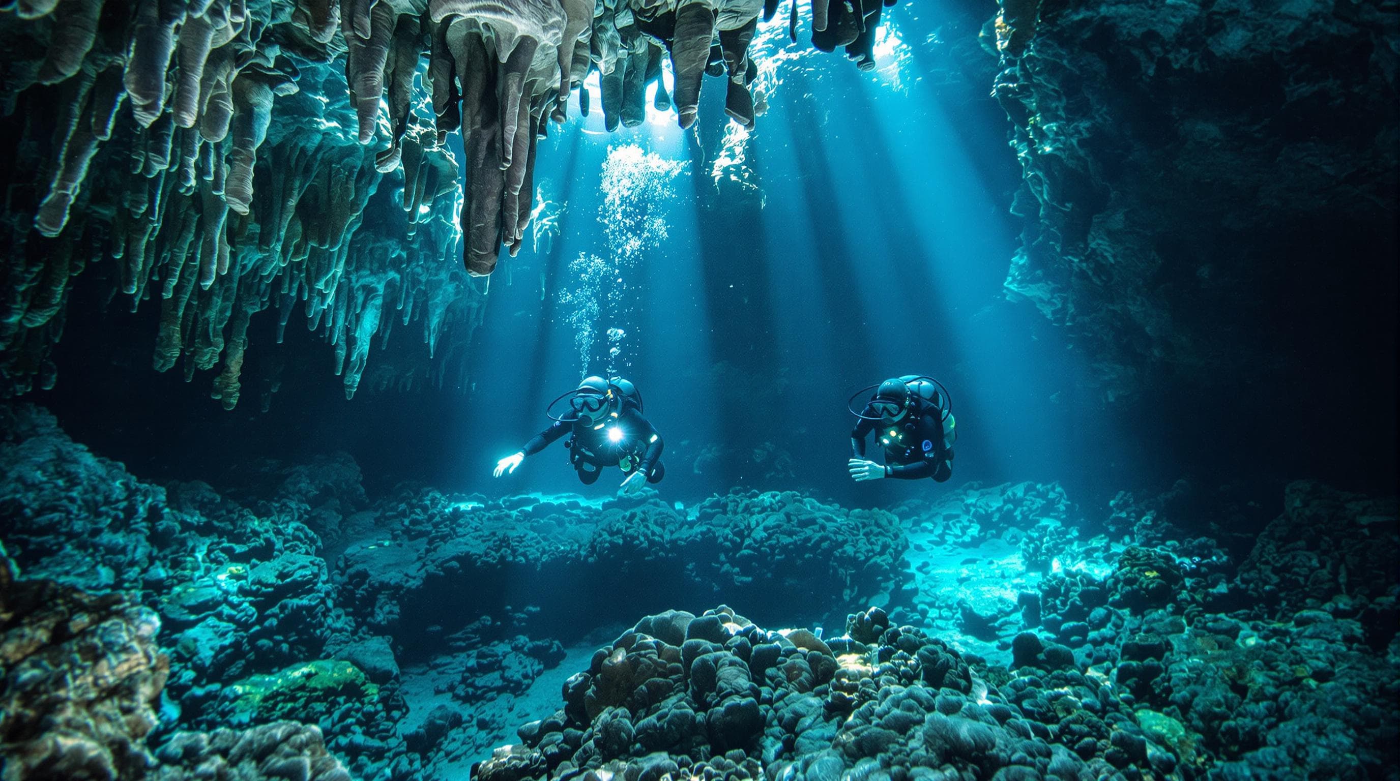 Divers exploring illuminated cave with stalactites and ancient artifact, info board shows 'Cenote Wonders'