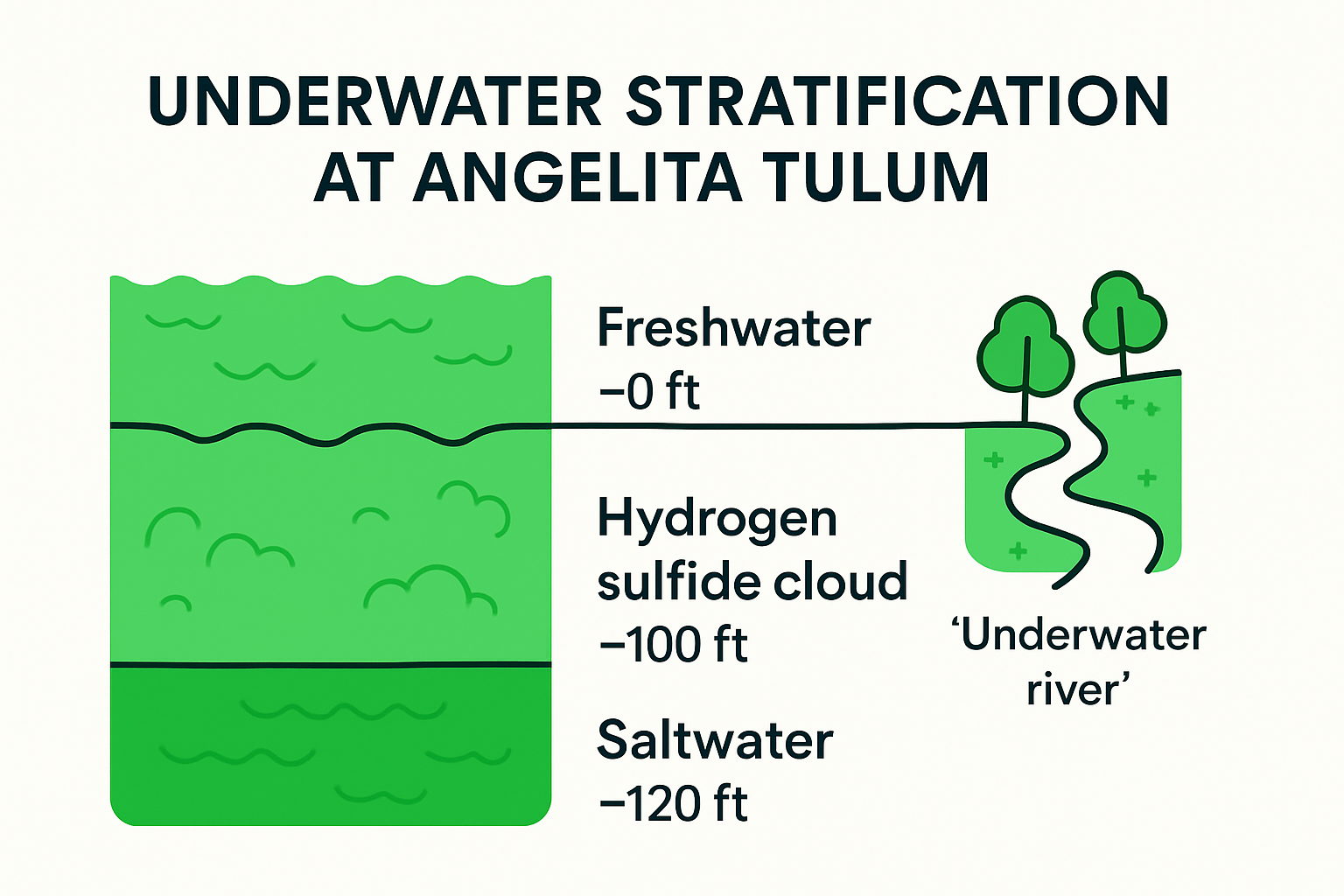 Infographic showing Angelita Tulum underwater layers and river effect
