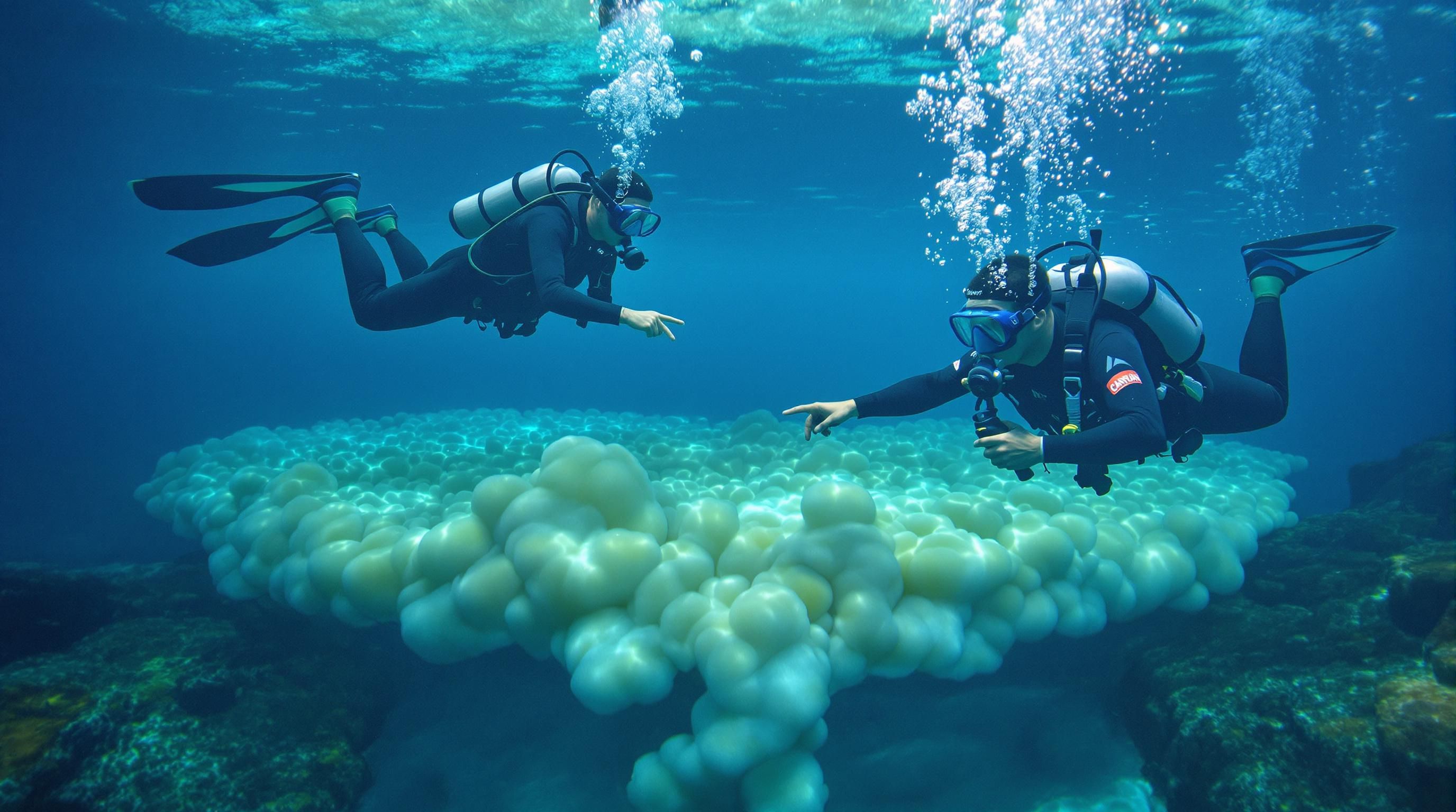 Technical divers above Cenote Angelita’s hydrogen sulfide cloud underwater