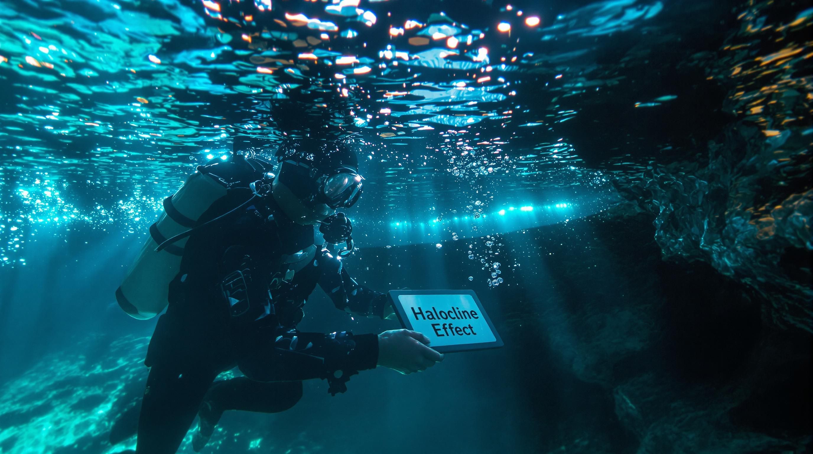 Diver at The Pit cenote exploring shimmering halocline layer