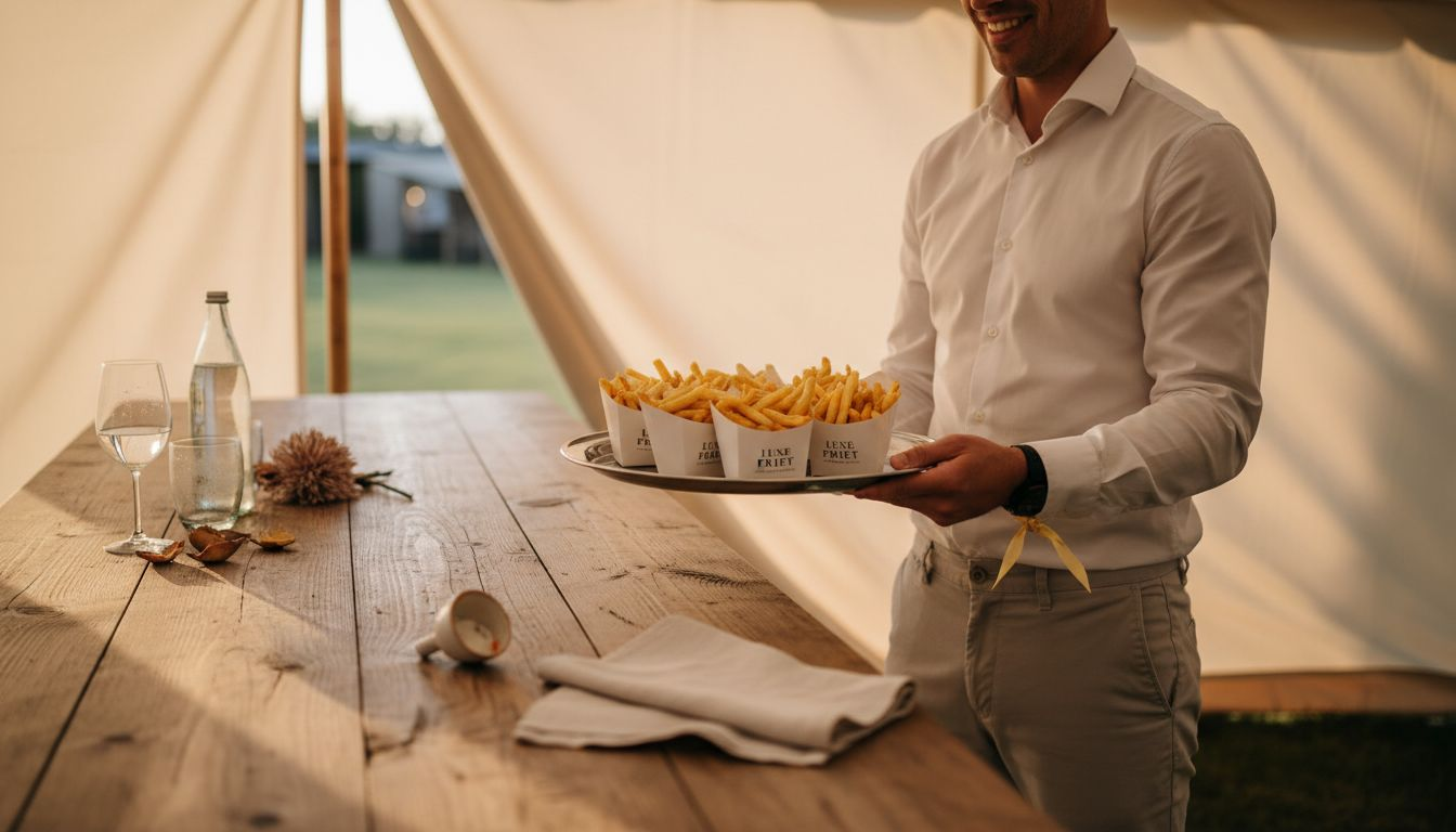 Frietjes stijlvol geserveerd op de bruidstafel