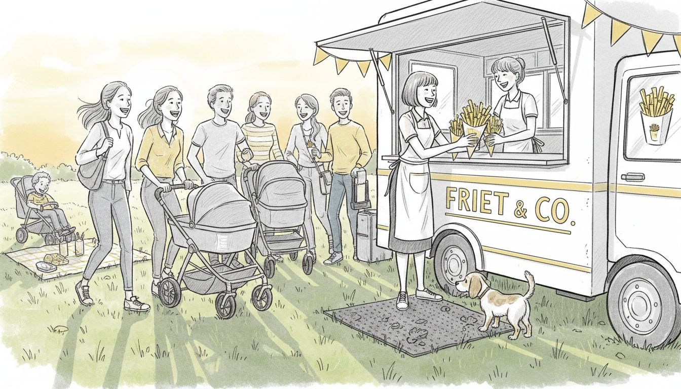 Bezoekers smullen van verse friet bij de frietkraam op locatie.