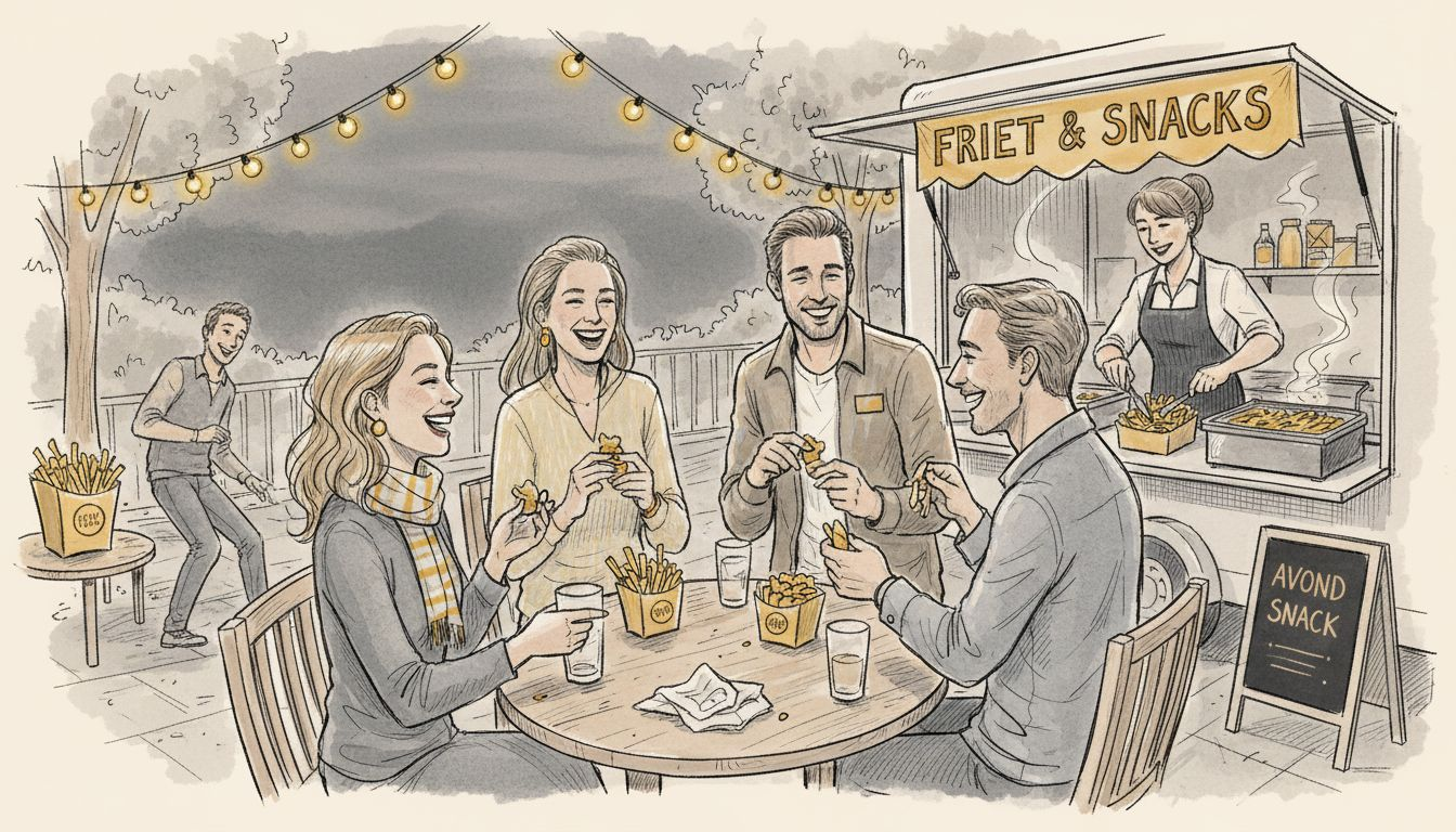 Tijdens het feest worden er 's avonds frietjes uitgedeeld aan de gasten.
