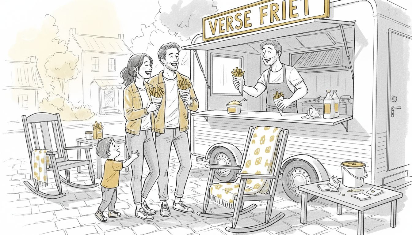 Bij de frietkraam genieten de gasten van een lekkere portie friet terwijl ze gezellig bijpraten.