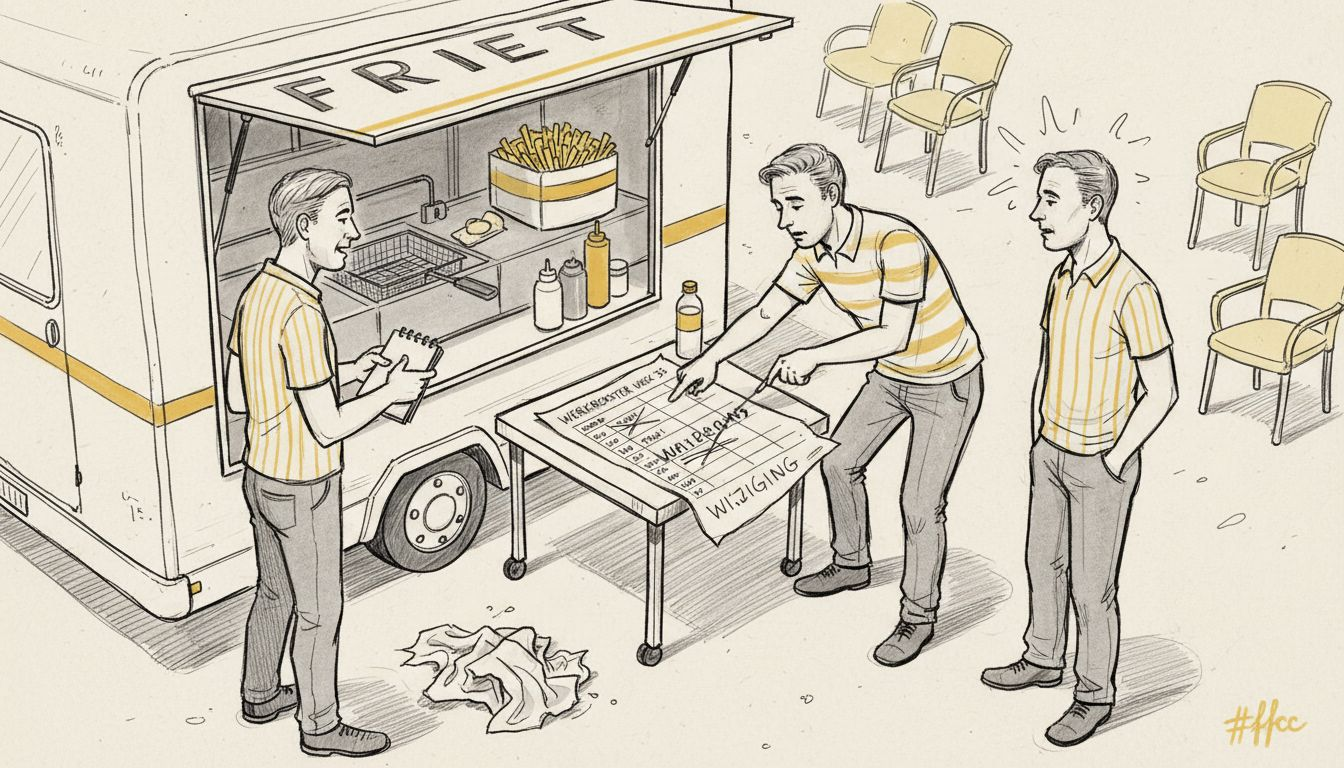 Het team van de frietkraam maakt samen het werkrooster.