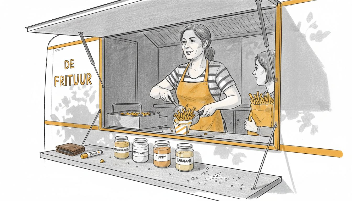 Een medewerker vult een bakje met friet in de snackkar.