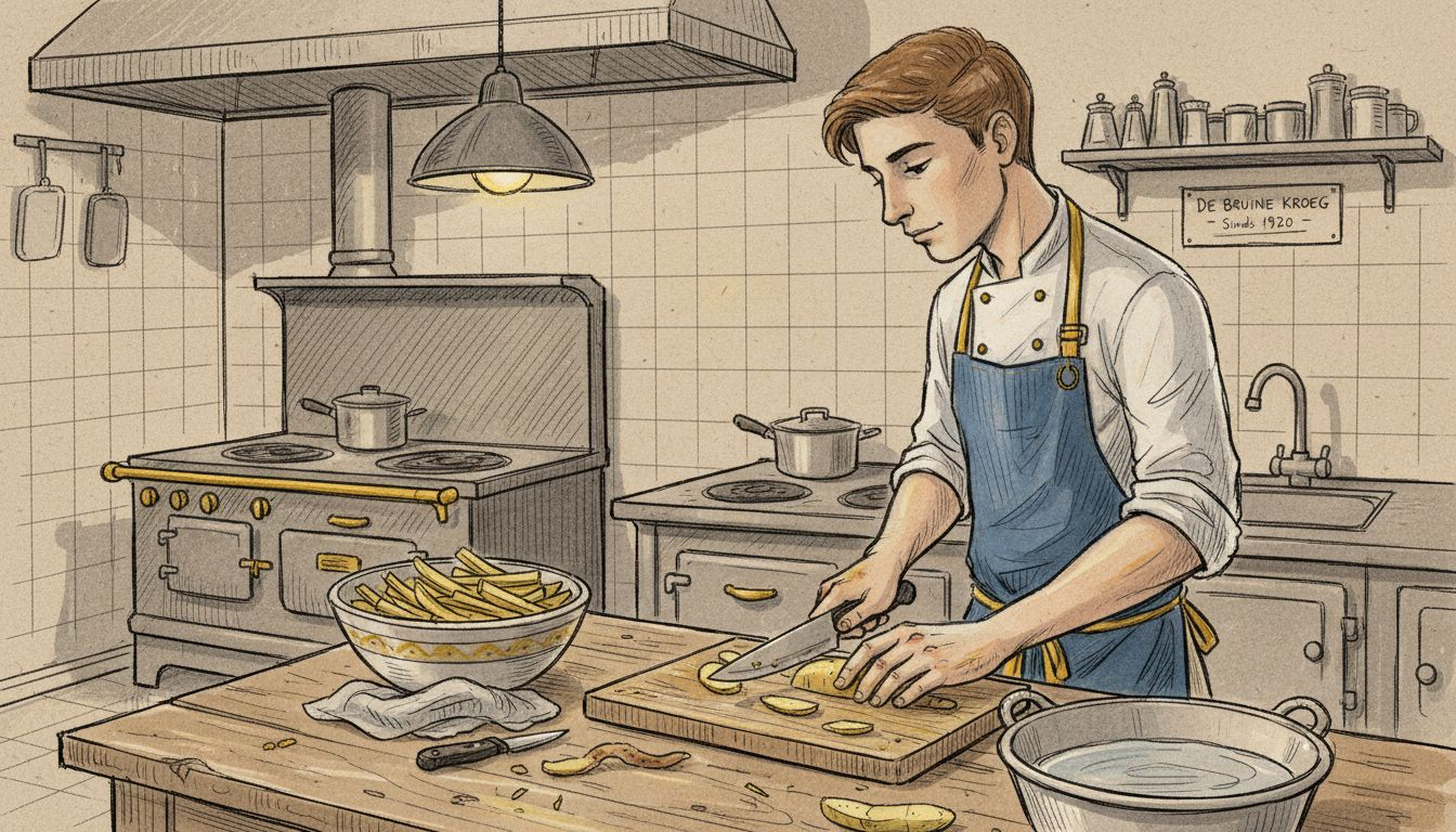 In het café staat de chef zelf verse frieten met de hand te snijden.