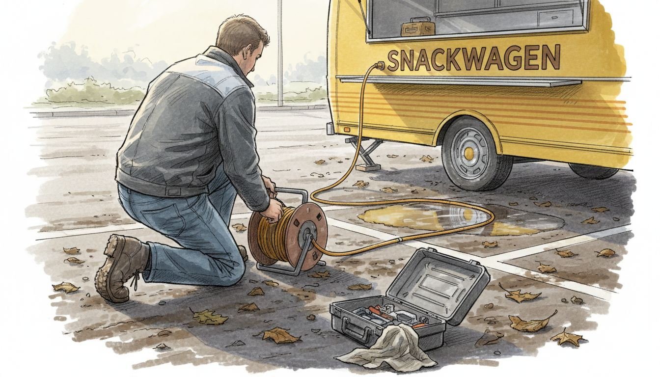 Monteur rolt extra stroomkabel uit voor de snackkar.