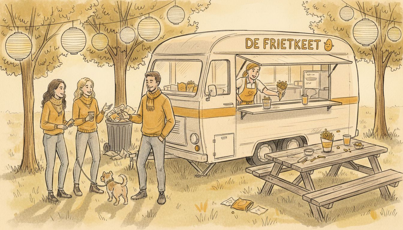 Gezellige vriendengroepen die samen een frietje halen bij de snackbar op wielen.